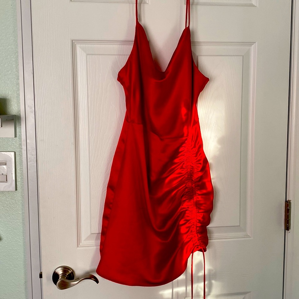 Red Zara Satin Cowlneck Dress